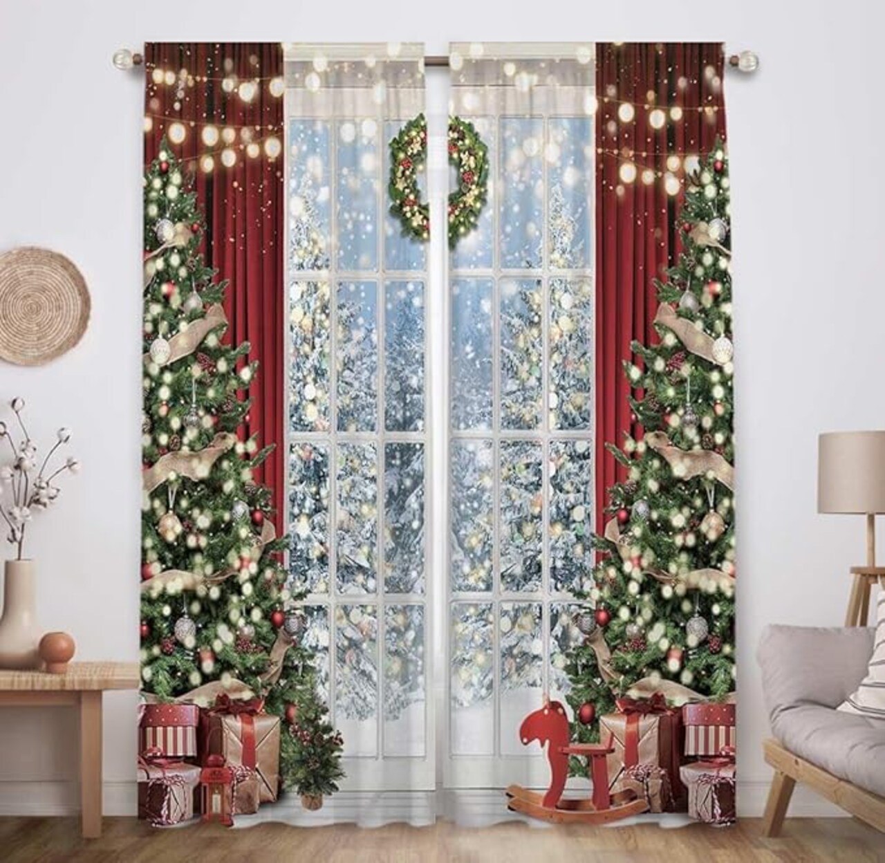 Christmas Window Curtain Winter Xmas Tree Glitter Bokeh Print Curtains Home Decor Rod Pocket Darkening Drapes for Bedroom Living Room 82 in x 84 in